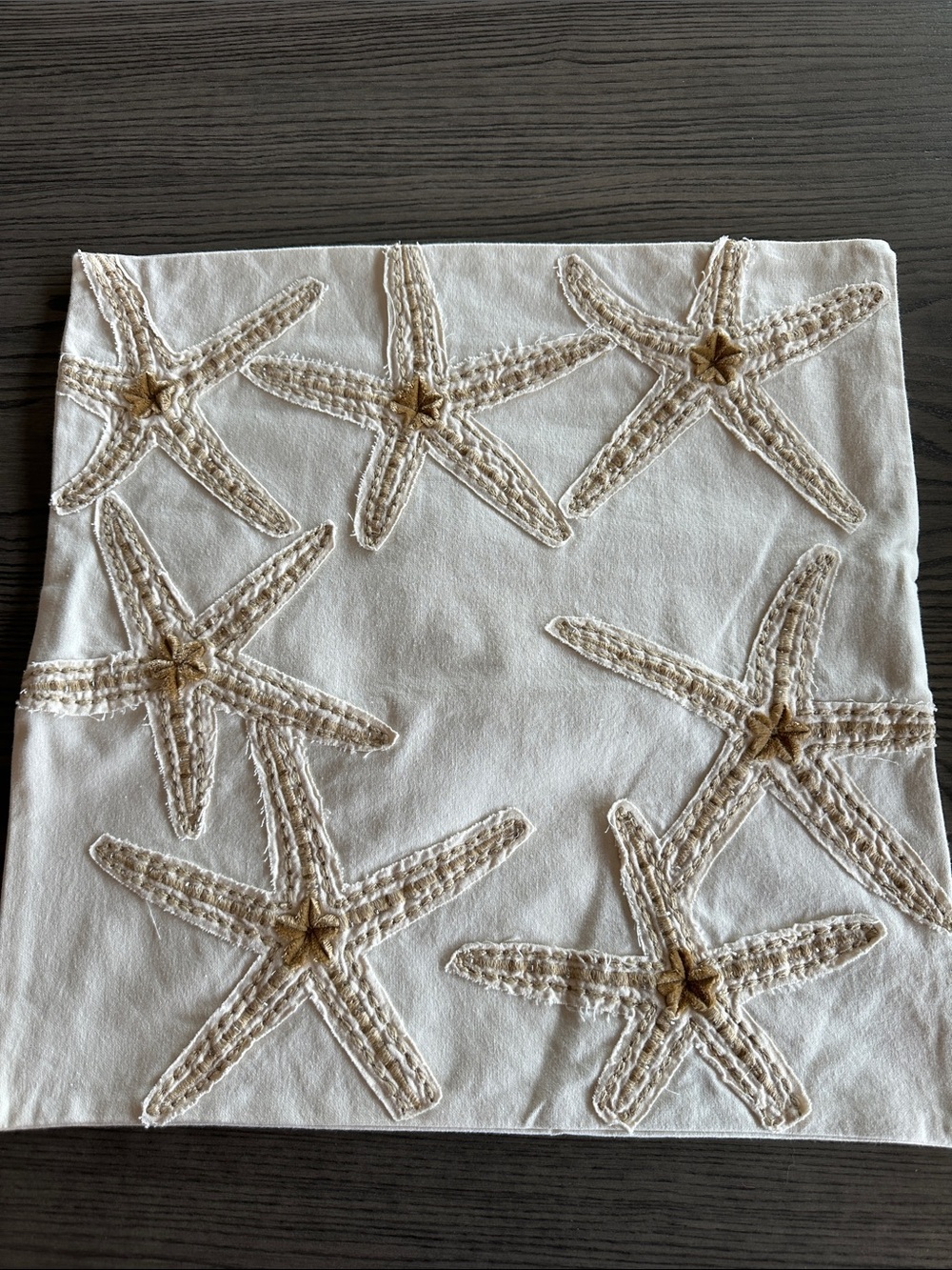 Pottery Barn Embroidered Starfish Cotton Pillow Cover 18” Cream & Beige